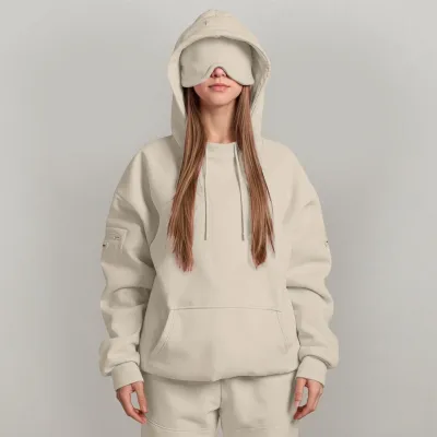 Women Casual Autumn Winter Solid Color Built-In Eye Mask Long Sleeve Hoodies