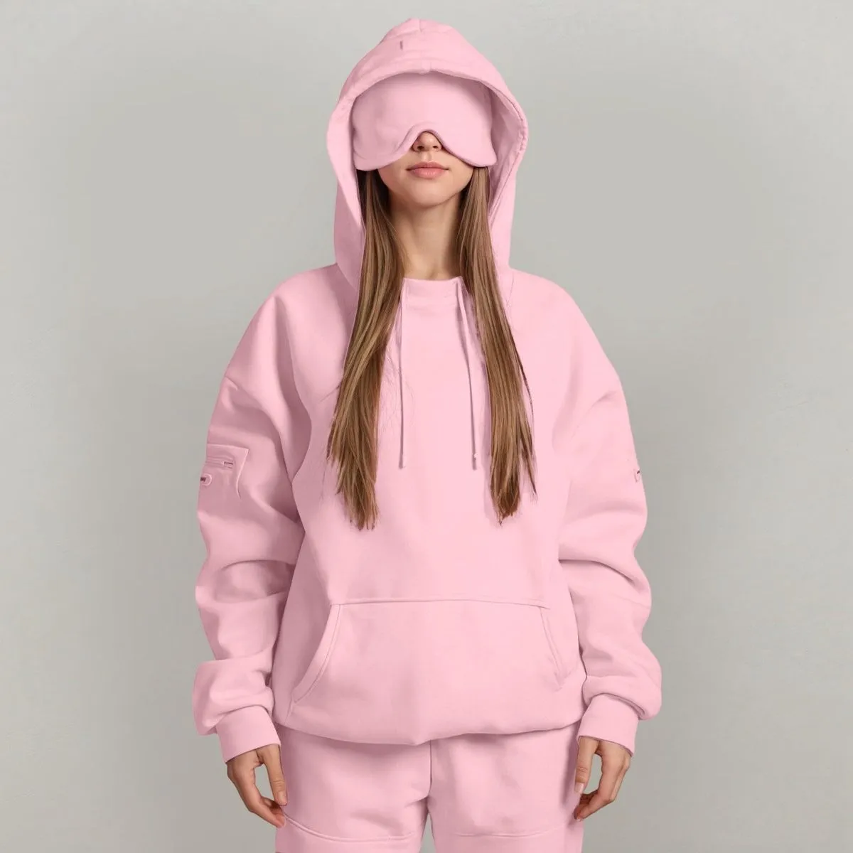 Women Casual Autumn Winter Solid Color Built-In Eye Mask Long Sleeve Hoodies