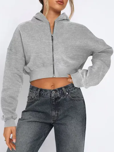 Women Casual Solid Color Long Sleeve Zip-Up Loose Hoodie