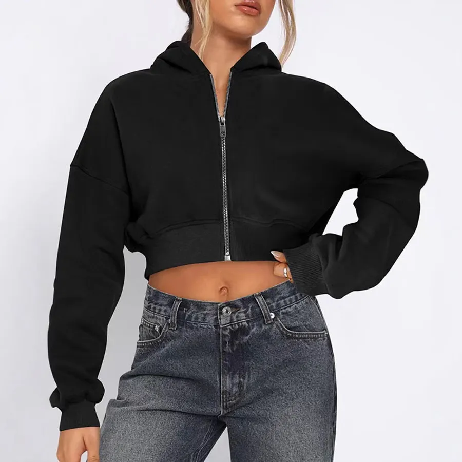 Women Casual Solid Color Long Sleeve Zip-Up Loose Hoodie