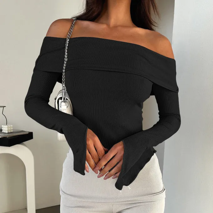 Women's Fashion Sexy One-Shoulder Long-Sleeve T-Shirt in Stretch Polyester