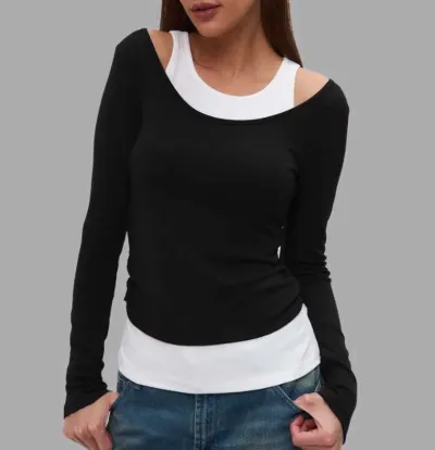 Women's Slim-Fit Fake Two-Piece Long-Sleeve T-Shirt with Contrast Color
