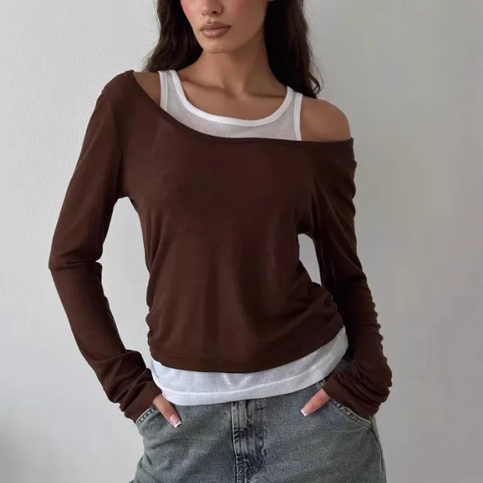 Women's Slim-Fit Fake Two-Piece Long-Sleeve T-Shirt with Contrast Color