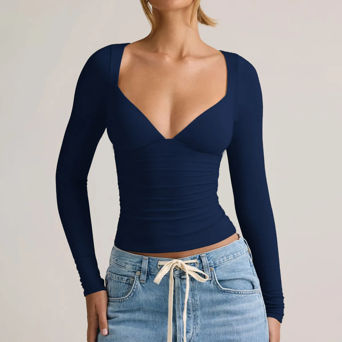 Women Fashion Sexy Solid Color Deep V-Neck Long Sleeve Slim Fit T-Shirt