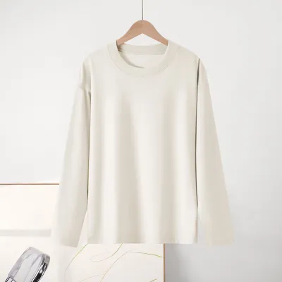 Women Casual Cotton Long-Sleeve Loose Fit Solid Color T-Shirt