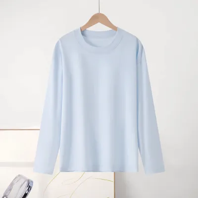 Women Casual Cotton Long-Sleeve Loose Fit Solid Color T-Shirt