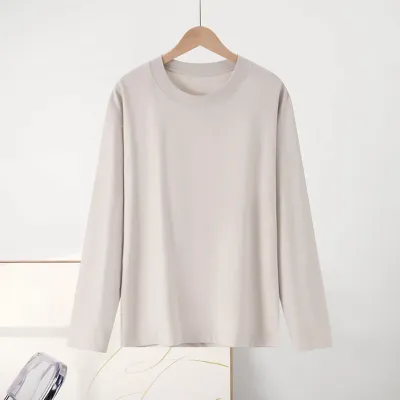 Women Casual Cotton Long-Sleeve Loose Fit Solid Color T-Shirt