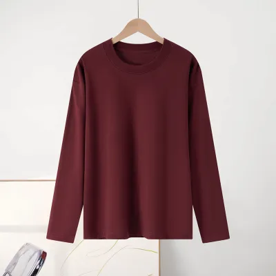 Women Casual Cotton Long-Sleeve Loose Fit Solid Color T-Shirt