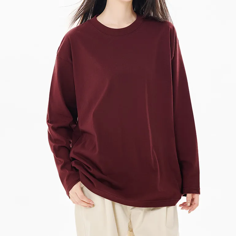 Women Casual Cotton Long-Sleeve Loose Fit Solid Color T-Shirt