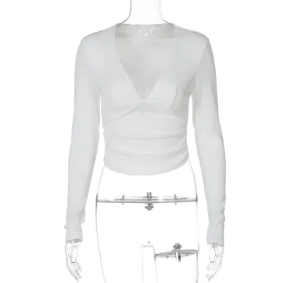 Women Fashion Sexy Solid Color V-Neck Long Sleeve Slim Fit T-Shirt