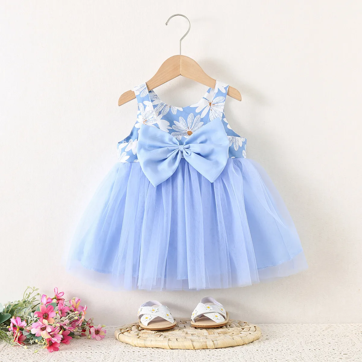 Kids Baby Girls Fashion Cute Daisy Printed Mesh Sleeveless Bowknot Dress Cotton Summer