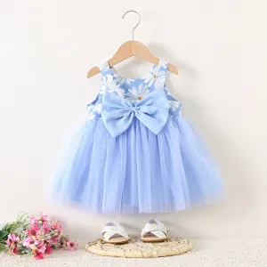 Kids Baby Girls Fashion Cute Daisy Printed Mesh Sleeveless Bowknot Dress Cotton Summer