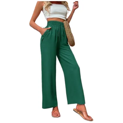 Women Casual Solid Color High Waist Loose Straight Leg Pants