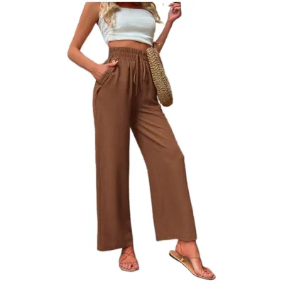 Women Casual Solid Color High Waist Loose Straight Leg Pants
