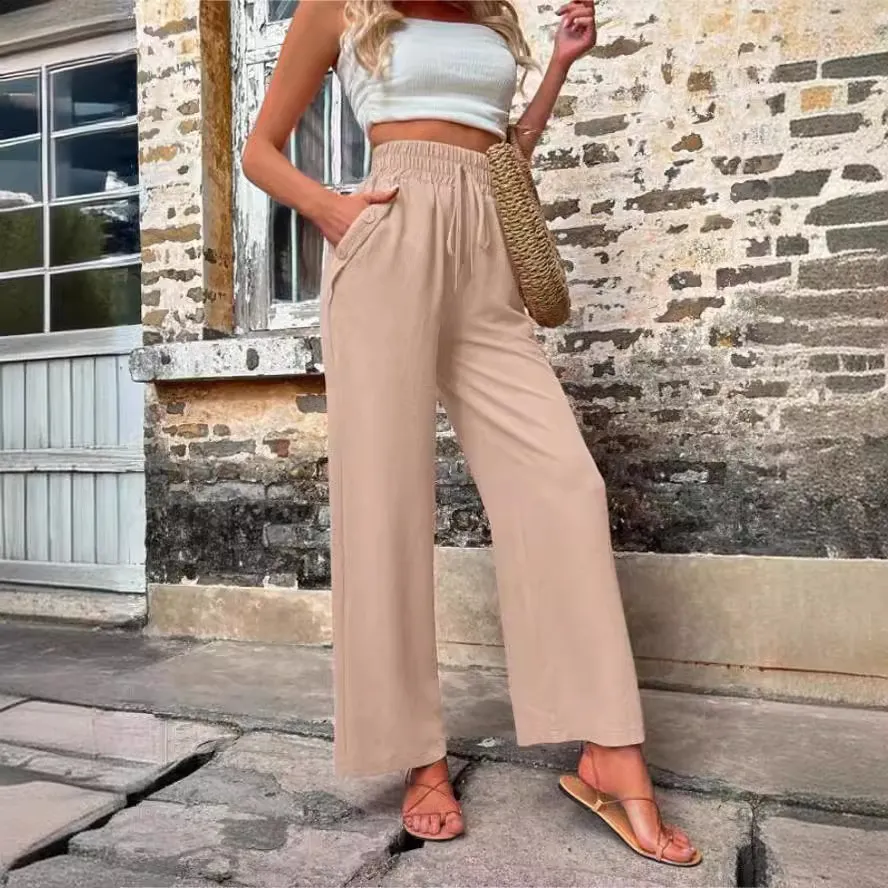 Women Casual Solid Color High Waist Loose Straight Leg Pants