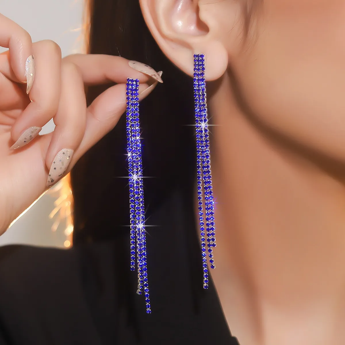 Women Fashion Solid Color Rhinestone Long Tassel Earrings