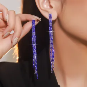 Women Fashion Solid Color Rhinestone Long Tassel Earrings