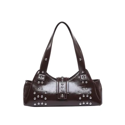 Women Fashion Punk Oil Wax Rivet Solid Color Shoulder Bag
