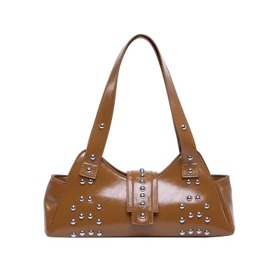 Women Fashion Punk Oil Wax Rivet Solid Color Shoulder Bag