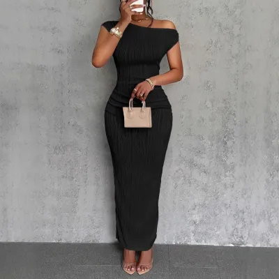 Women Fashion Pure Water Corrugated Slant Shoulder Bodycon Maxi Dress