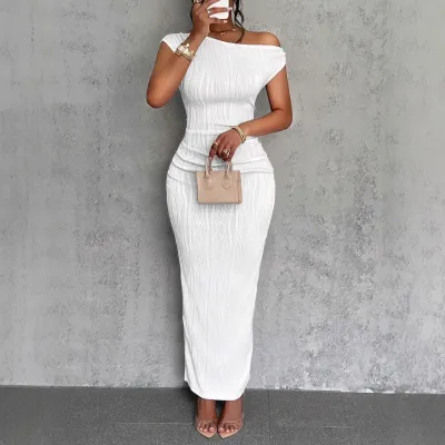 Women Fashion Pure Water Corrugated Slant Shoulder Bodycon Maxi Dress