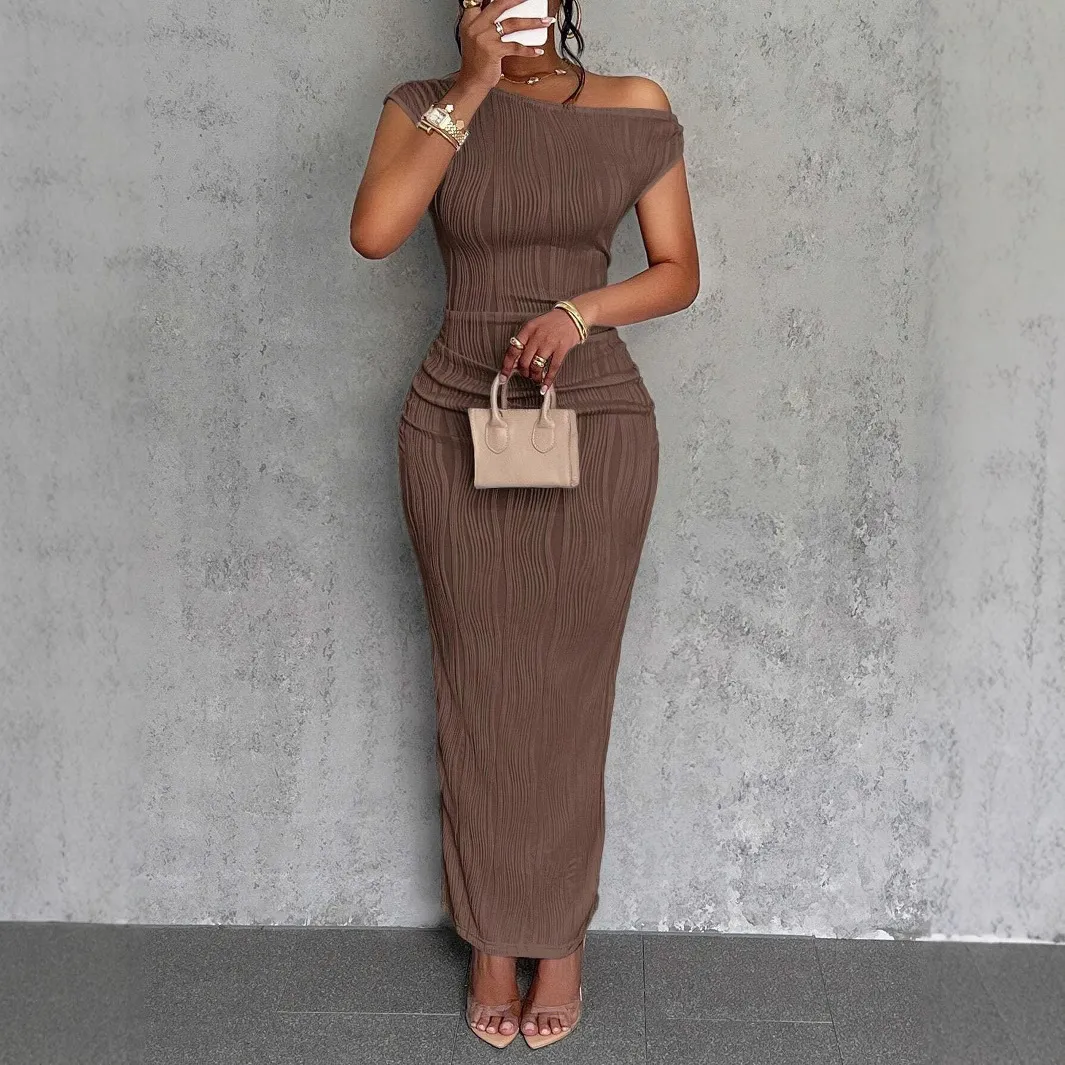 Women Fashion Pure Water Corrugated Slant Shoulder Bodycon Maxi Dress