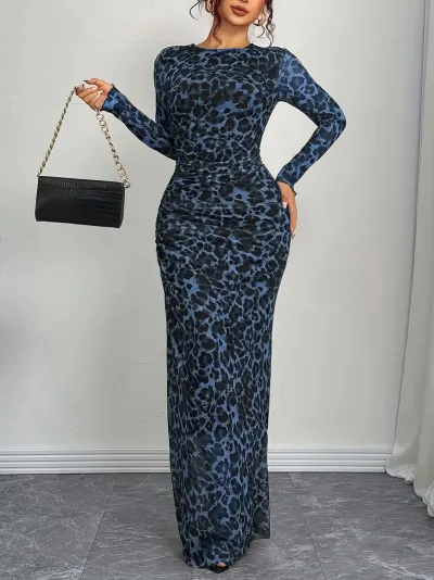 Women Sexy Leopard Print See-Through Long Sleeve Bodycon Maxi Dress
