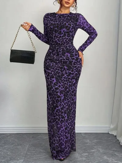 Women Sexy Leopard Print See-Through Long Sleeve Bodycon Maxi Dress