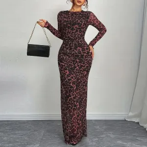 Women Sexy Leopard Print See-Through Long Sleeve Bodycon Maxi Dress
