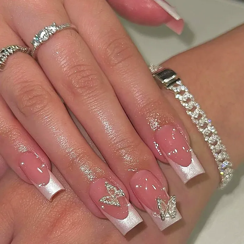 Fashion Mid-Length Flat Head White Fluorescent Butterfly Relief Fake Nail