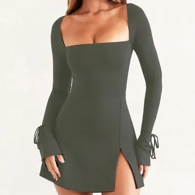 Women Sexy Solid Color Square Collar Long Sleeve Slim Fit Split High Waist Dress