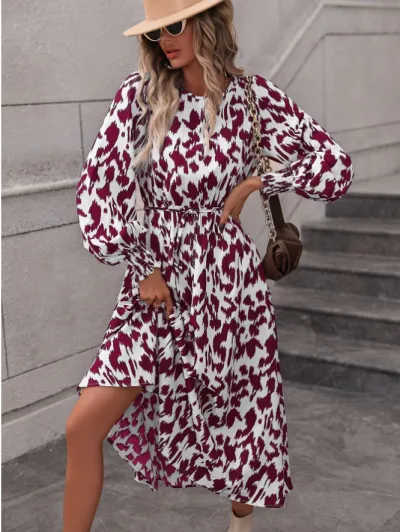 Women Autumn Winter Leopard Print Long Sleeve Lace-Up Loose Dress