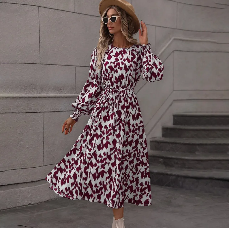 Women Autumn Winter Leopard Print Long Sleeve Lace-Up Loose Dress