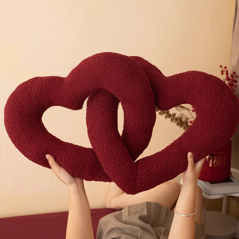 Fashion Valentine'S Day Velvet Red Love Heart Knot Pillow