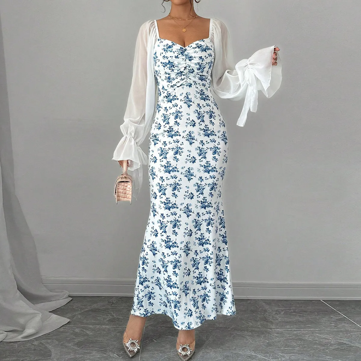 Women Floral Print Mesh Long Sleeve Maxi Dress - Sexy V-Neck Pullover