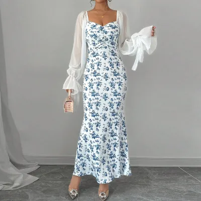 Women Floral Print Mesh Long Sleeve Maxi Dress - Sexy V-Neck Pullover