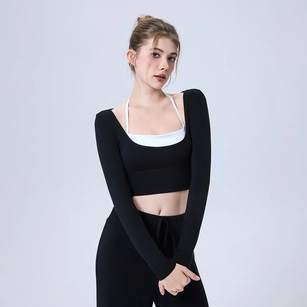 Women Slim-Fit Long Sleeve Yoga Crop Top - Polyester Blend