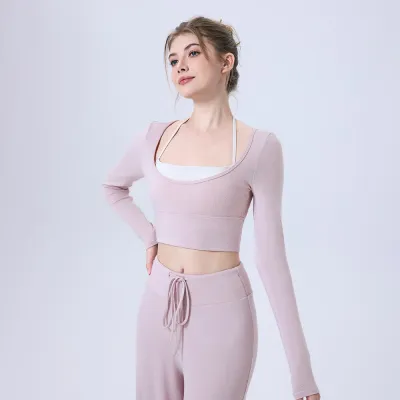 Women Slim-Fit Long Sleeve Yoga Crop Top - Polyester Blend