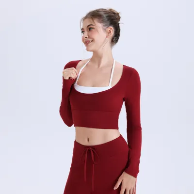 Women Slim-Fit Long Sleeve Yoga Crop Top - Polyester Blend