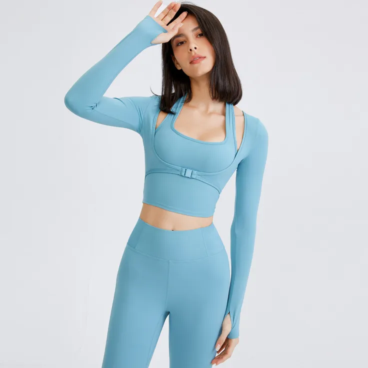 Women Sexy Solid Color Stitching Front Clasp Long Sleeve Quick-Drying Sports T-Shirt