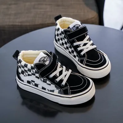 Kids Boys Girls Spring Autumn Plaid Canvas High Top Velcro Sneakers