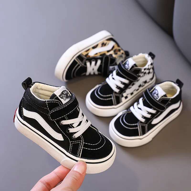 Kids Boys Girls Spring Autumn Plaid Canvas High Top Velcro Sneakers