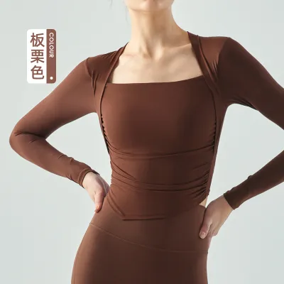 Women's Fake Two-Piece Long-Sleeve Pleated Slim-Fit Yoga Sports T-Shirt