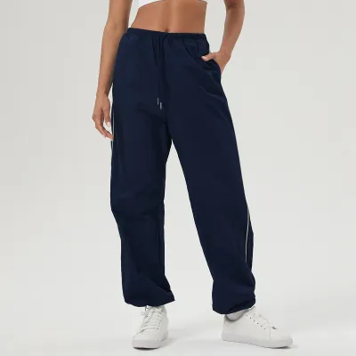 Women Casual Contrast Drawstring Pocket Loose Sports Pants