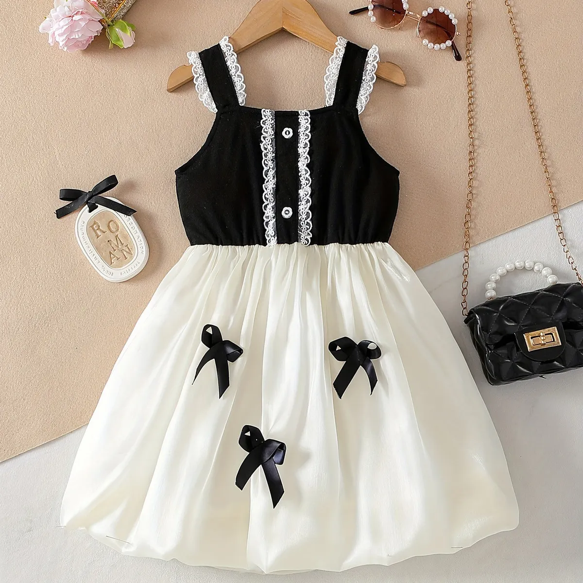 Kids Girls Fashion Cute Stitching Bowknot Sleeveless Polyester Sling Dress