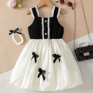 Kids Girls Fashion Cute Stitching Bowknot Sleeveless Polyester Sling Dress