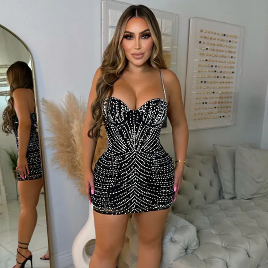 Women Sexy Mesh Rhinestone Spaghetti Strap Mini Dress