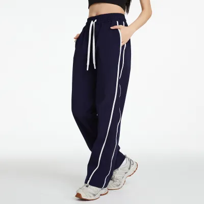 Women Casual Contrast Color High Waist Straight Loose Sports Pants