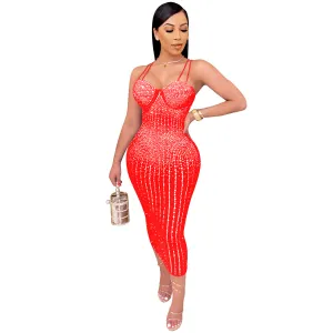Women Sexy Mesh Rhinestone Spaghetti Strap Bodycon Dress