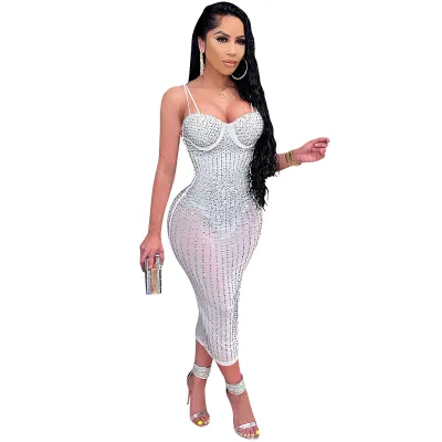Women Sexy Mesh Rhinestone Spaghetti Strap Bodycon Dress